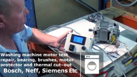 Bench testing a Washing machine motor repair, bearing, brushes, motor protector and thermal cut–out Bosch, Neff, Siemens